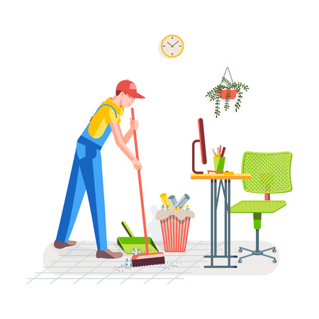Office cleaning. Cleaning the floor from debris in the office. Worker sweeps the floor a broom against the background of the interior. Vector illustration in a flat style.のイラスト素材