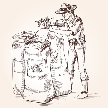 Farmer carries out harvesting of coffee. The worker tie a bag of coffee beans. Vintage illustration.のイラスト素材