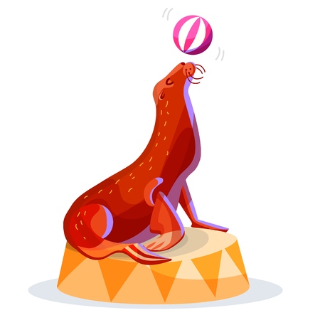 Circus performance of a fur seal on the podium. Dressed fur seal juggles with a ball. Isolated vector illustration.のイラスト素材