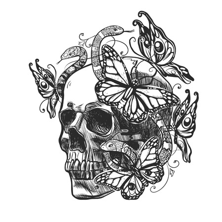 Skull with patterns, butterflys and snakes. Vector illustration in grunge style for tattoo or mexico event.のイラスト素材