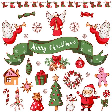 Merry Christmas set. Calligraphic Lettering on green ribbon, angels, Santa Claus, and Christmas tree .  Festive collection drawn in sketch style. Vector set for banner, decorative card, poster.のイラスト素材