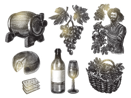 Harvest grapes set with basket, farmer, bottle of wine and glass, cheese and barrel, grape branch with leaves . Hand drawn illustration. Vector illustration in engraving style.のイラスト素材