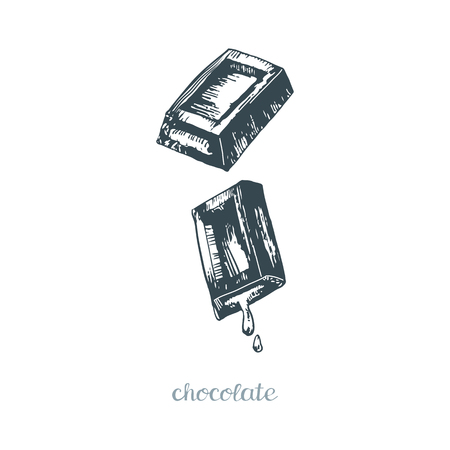 Slices of chocolate with chocolate cream. Isolated illustration on white background. Vector illustration in sketch style.のイラスト素材