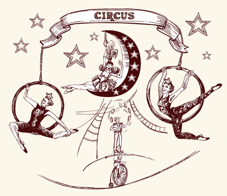Circus performers, acrobats on hoops, juggler and cyclist on a rope. Vector illustration in sketch and vintage style.のイラスト素材
