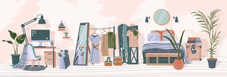 Apartment inside. Detailed modern woman room interior. Room with pastel color furniture in Scandinavian style . Flat style vector illustration.のイラスト素材