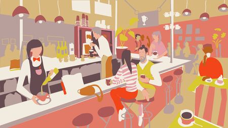 Cafe interior and people. Barista and friends talking at the bar or cafeteria. Vector illustration in flate style.のイラスト素材