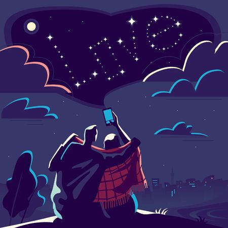 Love story of young guy and girl . Romantic relationship of friends. Night rendezvous in the park. Girl photographs the starry sky .Vector illustration in flat style for Valentine's day holiday or for greeting card .のイラスト素材