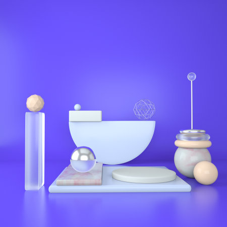 3d rendering studio with geometric shapes, podium on the floor. Platforms for product presentation, mock upの写真素材
