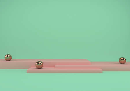 3d rendering studio with geometric shapes, podium on the floor. Platforms for product presentation.の写真素材