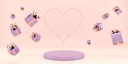 Valentine's Day interior with pedestal, hearts. Stand, podium, pedestal for goods. Love greeting...