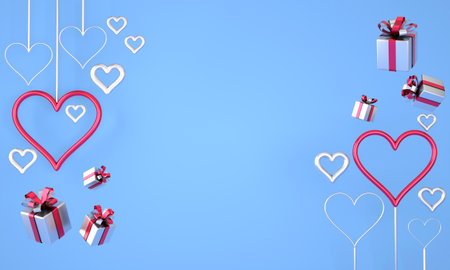 Valentine's Day. Background with realistic festive gifts box. Romantic present, hearts. 3d render.の写真素材