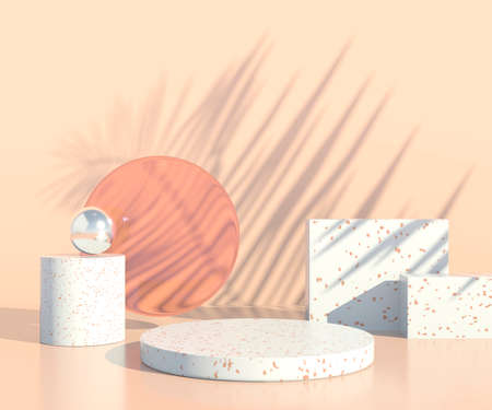 Minimal scene with geometrical forms, podiums in cream background with shadows. Scene to show cosmetic product, 3dの写真素材