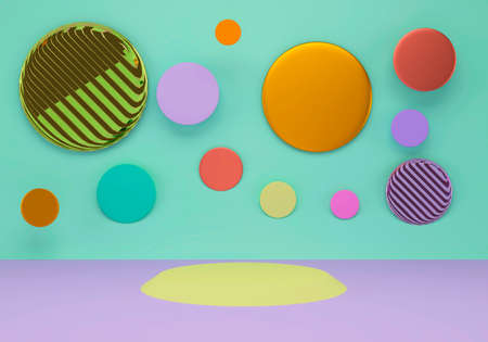 3d rendering studio with geometric shapes, podium on the floor. Platforms for product presentation.