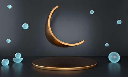 Ramadan Kareem greeting template with moon. Podium, stand on holiday light background for advertising products - 3d render.の写真素材