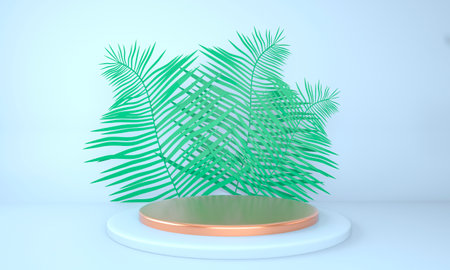 Product display podium decorated with leaves on pastel background, 3dの写真素材