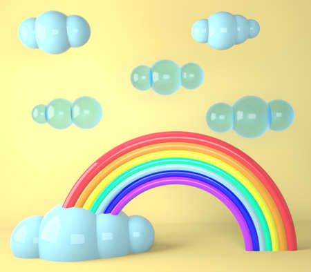 rainbow with clouds on pastel background, 3d.の写真素材