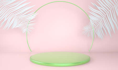 Product display podium decorated with leaves on pastel background, 3d