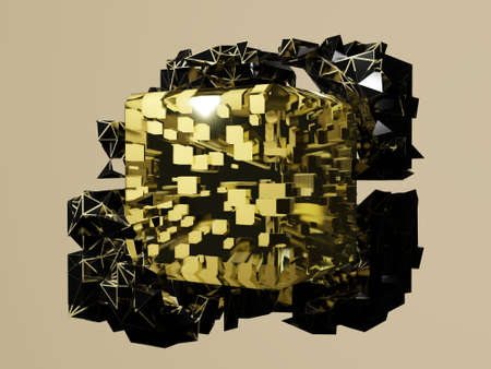 Abstract 3d rendering of chaotic particles. Yellow cubes in empty space.
