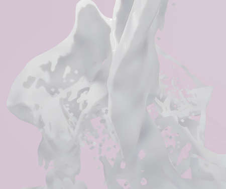 Cows, sheeps, goats, soya, rice, oat, hemp or coconut milk splash 3d illustration on red background...