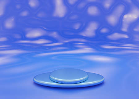 Blue empty product showcase podium over blue background. Concept of marketing and advertising. 3dの写真素材