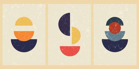 Set of abstract contemporary mid century posters with geometric shapes and texture. Design for wallpaper, background, wall decor, cover, print, card. Modern boho minimalist art. Vector.のイラスト素材