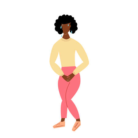 Urinary incontinence problem. African American woman hands holding her crotch, Female want to pee all the time. Isolated on white background. Vector.のイラスト素材