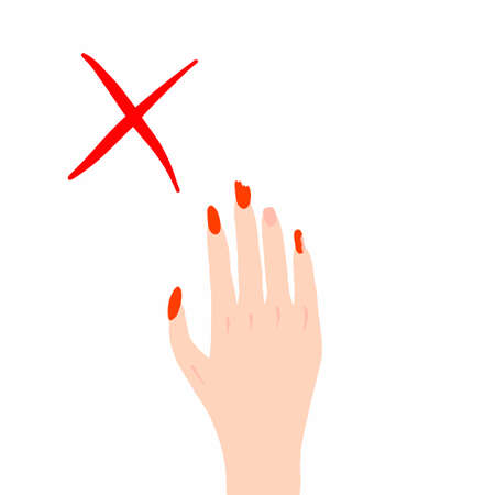 Brittle nails, female hand with thin broken nails. Vector illustration, hand drawn doodleのイラスト素材