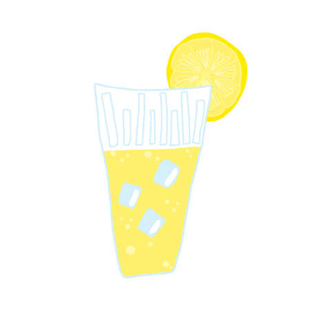 Hand drawn glass with soda, lemonade, cold tea or juice with ice and lemon slice. Vector illustration, doodleのイラスト素材