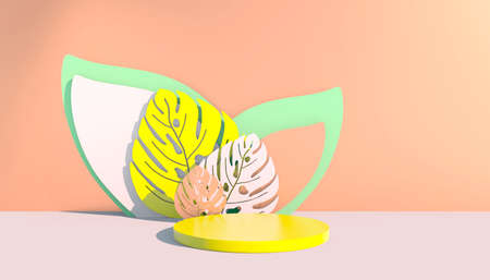 Mockup, podium, display with monstera leaves tropical plant background, 3d