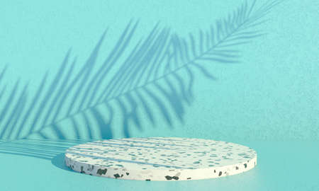 Podium with palm leaves on pastel background. Concept scene stage showcase for product, promotion, sale, banner, presentation, cosmetic. 3dの写真素材