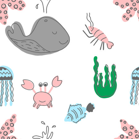 Vector cute seamless pattern with marine animals. Scandinavian motives. Children's print. Hand-drawn.のイラスト素材