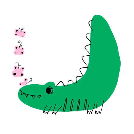 Cute cartoon crocodile flat vector illustration. Cheerful striped alligator with butterflies. Funny exotic predator, wild animal isolated on a white background.のイラスト素材