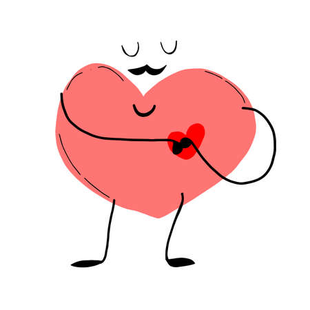 Vector illustration of red smiling heart on white background. Art design for Valentine's Day greetings and card, web, banner, poster, flyer, brochure, print, doodle.のイラスト素材