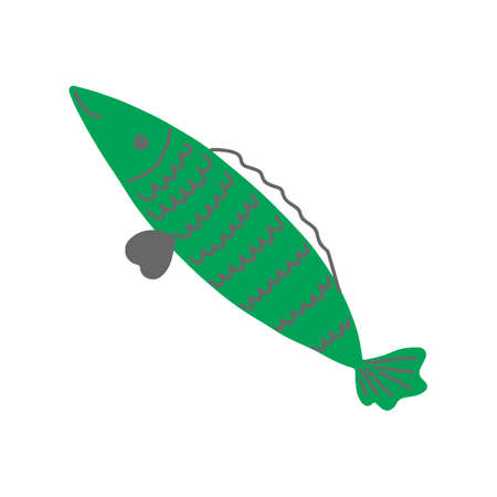 Cute green fish cartoon, doodle Vectorのイラスト素材