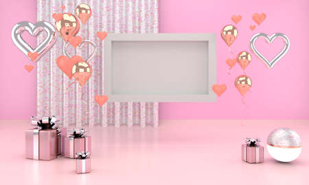 3d interior with balloons, mock up poster frame, gift box in the room. Empty space for party, promotion social media banners, posters. Valentine's day cardの写真素材