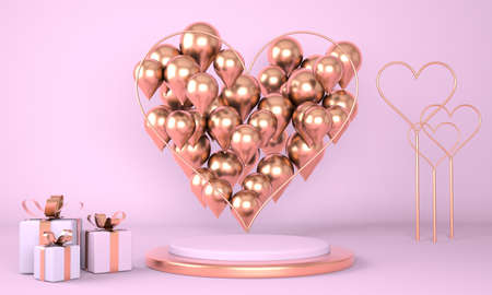 Valentine's Day interior with pedestal, hearts. Stand, podium, pedestal for goods. Love greeting...