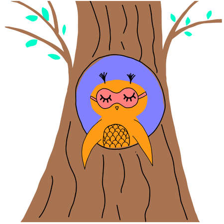 Hand drawn owl sitting in hollow of tree, hollowed out old tree and cute animal cartoon character inside vector Illustrationのイラスト素材