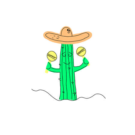 Cute cactus in mexican hat and maracas vector cartoon character.のイラスト素材