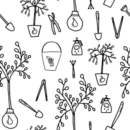 Vector seamless pattern with garden tools. Hand drawn vector.のイラスト素材