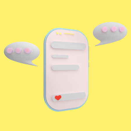 3d rendering concept mobile chat application on smartphone with blank text boxes on screen.