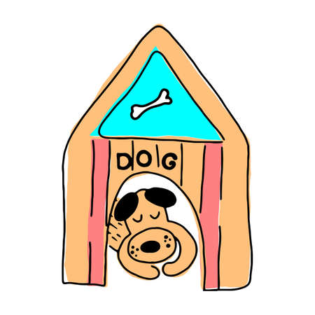 Cute funny hand drawn colorful cartoon caracter dog sleeping in the booth. House pet care concept.のイラスト素材