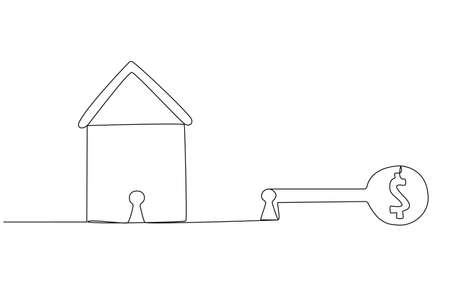 Continuous line drawing mortgage concept, the key opens the house. Vector.のイラスト素材