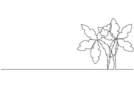 Single continuous line art coconut tree palm. Tropic paradise island landscape design one sketch outline drawing, travel concept. Vector.のイラスト素材