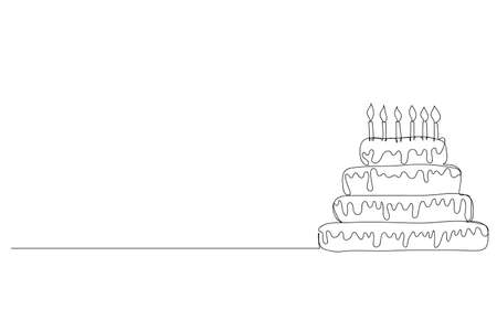Continuous line drawing Birthday cake with candle. Symbol of celebration happy moment on white background vector.のイラスト素材