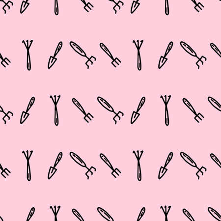 Seamless pattern with hoes. Hand drawn outline vector background in doodle style. Gardening tools for working in the garden, on the farm, in the dacha.のイラスト素材