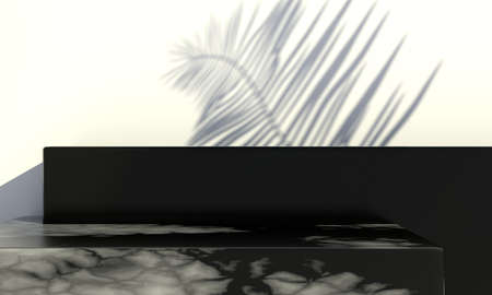 Podium with palm leaves on pastel background. Concept scene stage showcase for product, promotion, sale, banner, presentation, cosmetic. 3dの写真素材