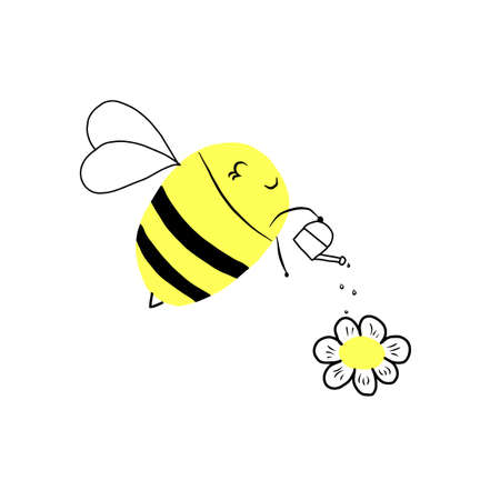 Little bee watering flowers with a watering can.のイラスト素材