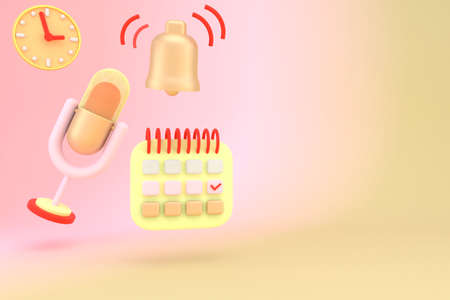 Podcast banner. Cartoon table-top microphone with copy space on background. 3D illustration