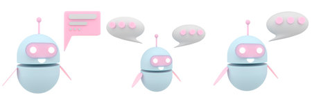 Set of robot chatbot icon 3d. Cute AI bot helper mascot character cartoon symbol business assistant....