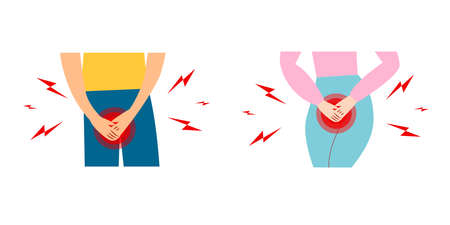 Urinary incontinence problem. Man and women hands holding his crotch, Male gender and female want to pee all the time. isolated on white background. vector illustrationのイラスト素材